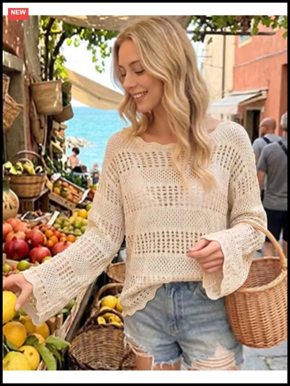 Women's Crochet Knit Long Sleeve Sweater Cover Up Beach Boho Top